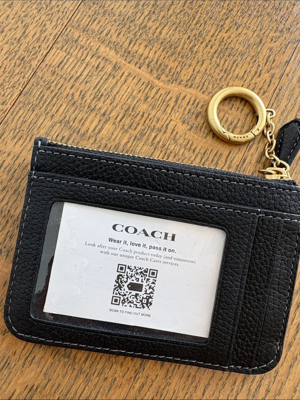 Coach Black Leather Zip Card Holder with Gold 'C' and Keyring
